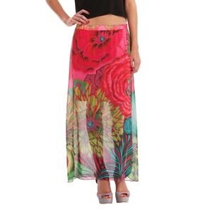 NWOT DESIGUAL Skirt EU38/US 10 Hot-Pink Floral Geo Sheer Slit Zip Maxi”Brenda